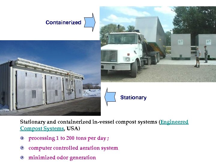 Containerized Stationary and containerized in-vessel compost systems (Engineered Compost Systems, USA) processing 1 to