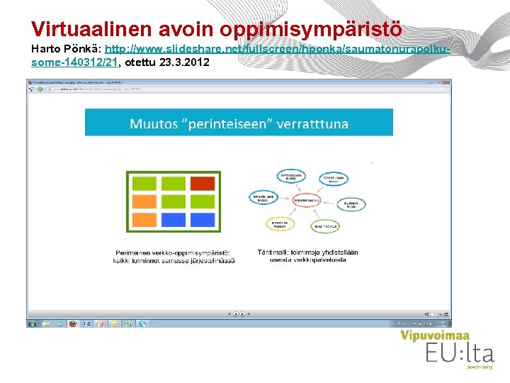 Virtuaalinen avoin oppimisympäristö Harto Pönkä: http: //www. slideshare. net/fullscreen/hponka/saumatonurapolkusome-140312/21, otettu 23. 3. 2012 