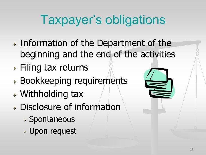 Taxpayer’s obligations Information of the Department of the beginning and the end of the