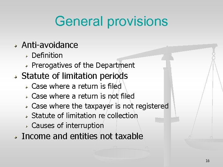 General provisions Anti-avoidance Definition Prerogatives of the Department Statute of limitation periods Case where