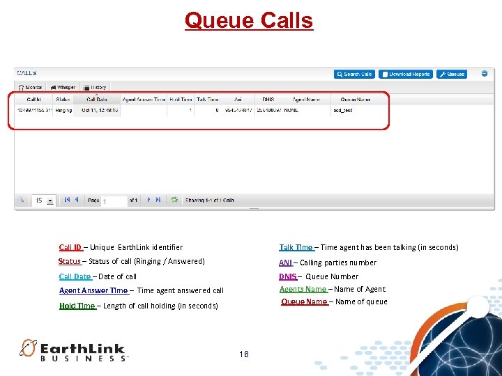 Queue Calls Call ID – Unique Earth. Link identifier Talk Time – Time agent