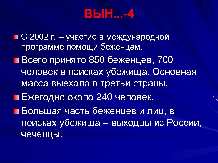 ВЫН. . . -4 С 2002 г. – участие в международной программе помощи беженцам.