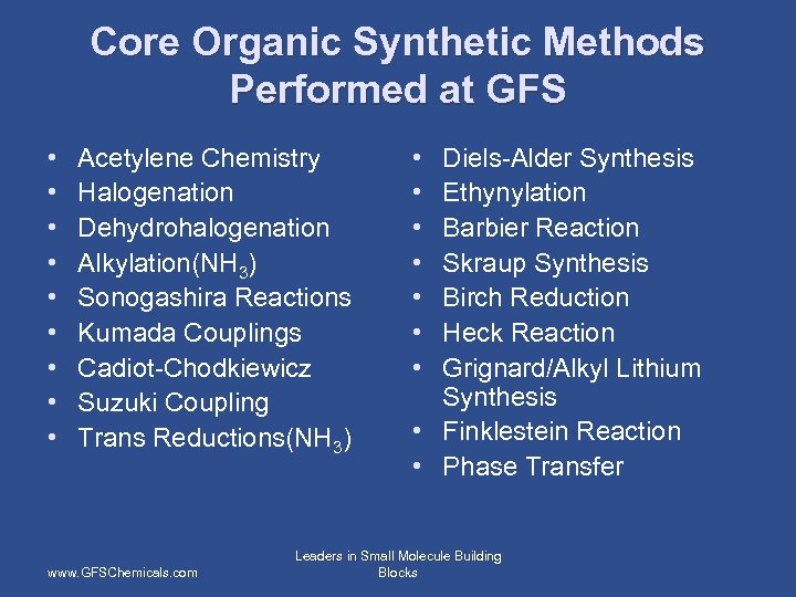 Core Organic Synthetic Methods Performed at GFS • • • Acetylene Chemistry Halogenation Dehydrohalogenation