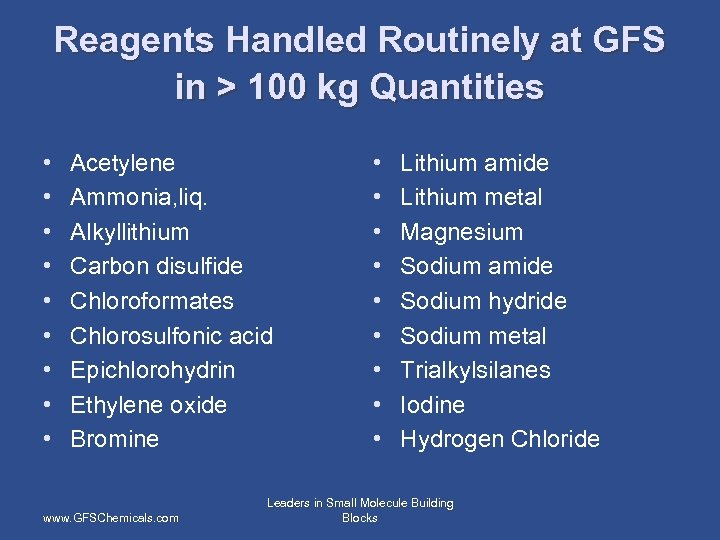 Reagents Handled Routinely at GFS in > 100 kg Quantities • • • Acetylene