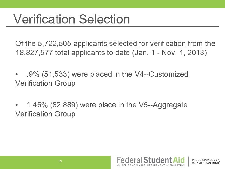 Verification Selection Of the 5, 722, 505 applicants selected for verification from the 18,