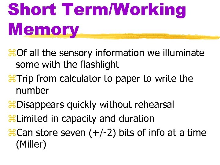 Short Term/Working Memory z. Of all the sensory information we illuminate some with the