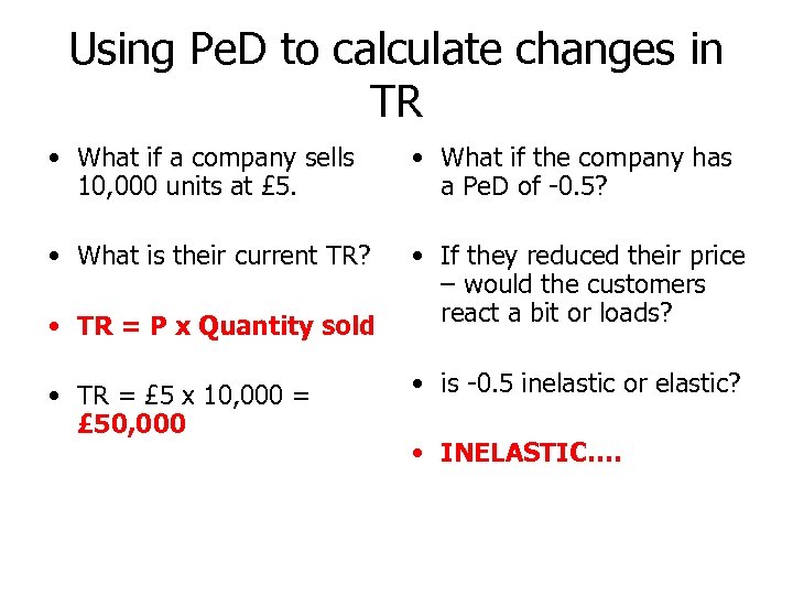 Using Pe. D to calculate changes in TR • What if a company sells