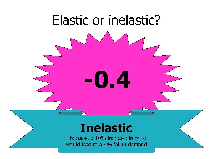 Elastic or inelastic? -0. 4 Inelastic – because a 10% increase in price would
