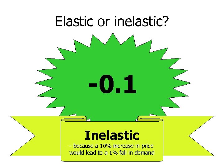 Elastic or inelastic? -0. 1 Inelastic – because a 10% increase in price would