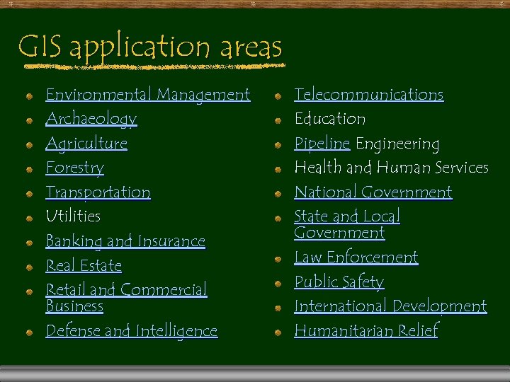 GIS application areas Environmental Management Archaeology Agriculture Forestry Transportation Utilities Banking and Insurance Real