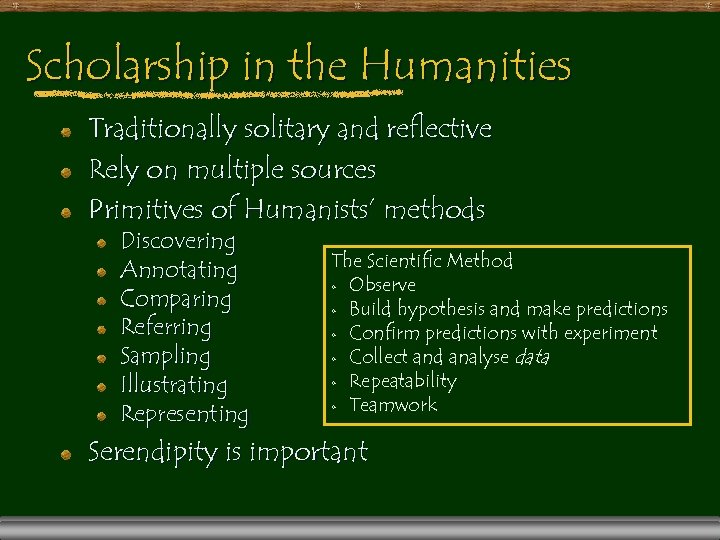 Scholarship in the Humanities Traditionally solitary and reflective Rely on multiple sources Primitives of