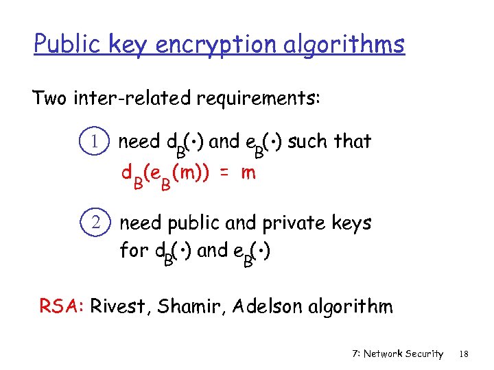 Public key encryption algorithms Two inter-related requirements: . B 1 need d ( )