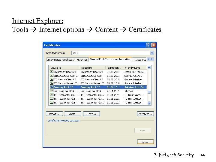 Internet Explorer: Tools Internet options Content Certificates 7: Network Security 44 