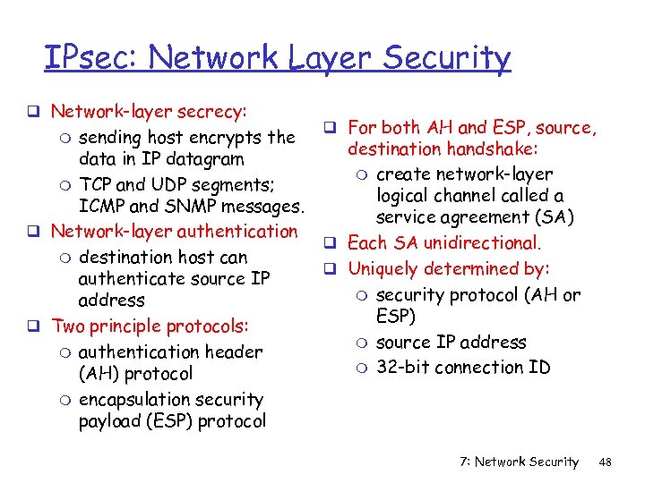 IPsec: Network Layer Security q Network-layer secrecy: sending host encrypts the data in IP