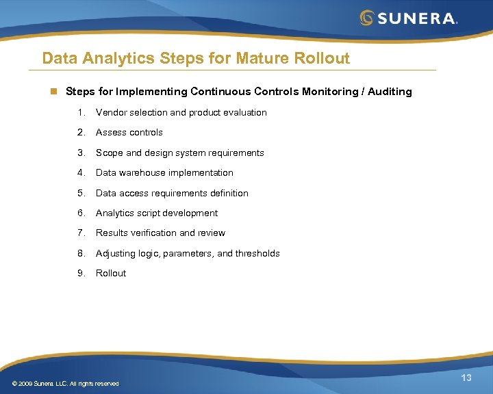Data Analytics Steps for Mature Rollout n Steps for Implementing Continuous Controls Monitoring /