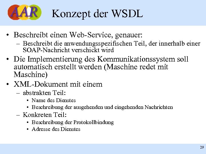 Konzept der WSDL • Beschreibt einen Web-Service, genauer: – Beschreibt die anwendungsspezifischen Teil, der