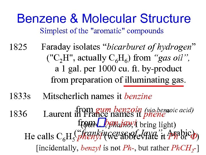 Benzene & Molecular Structure Simplest of the "aromatic" compounds 1825 Faraday isolates “bicarburet of