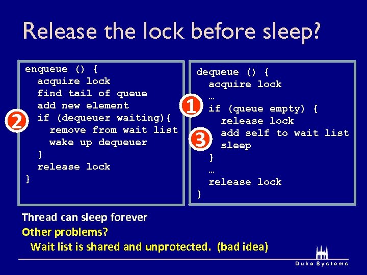 Release the lock before sleep? 2 enqueue () { acquire lock find tail of