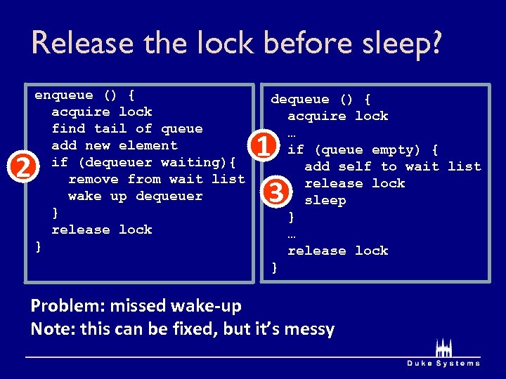 Release the lock before sleep? 2 enqueue () { acquire lock find tail of