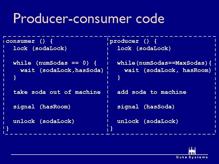 Producer-consumer code consumer () { lock (soda. Lock) producer () { lock (soda. Lock)