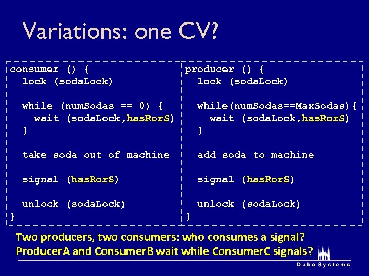 Variations: one CV? consumer () { lock (soda. Lock) producer () { lock (soda.