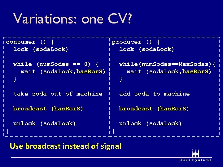 Variations: one CV? consumer () { lock (soda. Lock) producer () { lock (soda.