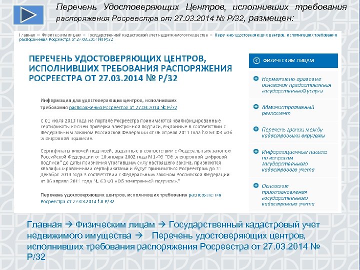 Перечень Удостоверяющих Центров, исполнивших требования распоряжения Росреестра от 27. 03. 2014 № Р/32, размещен: