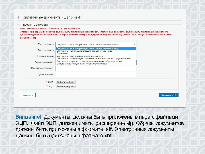 Внимание! Документы должны быть приложены в паре с файлами ЭЦП. Файл ЭЦП должен иметь