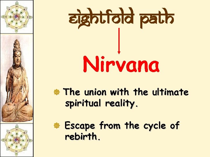 Eightfold Path Nirvana ] The union with the ultimate spiritual reality. ] Escape from