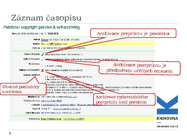 Záznam časopisu Archivace preprintu je povolena Archivace postprintu je předmětem určitých omezení Obecné podmínky