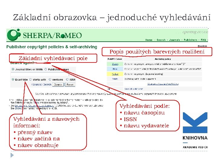 Základní obrazovka – jednoduché vyhledávání Popis použitých barevných rozlišení Základní vyhledávací pole Vyhledávání z