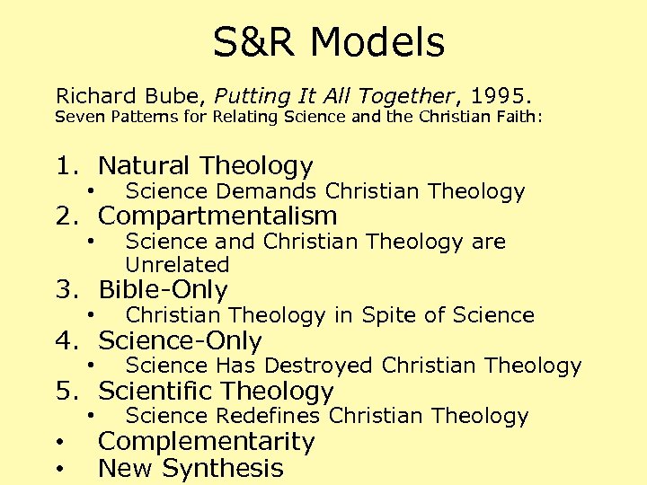 S&R Models Richard Bube, Putting It All Together, 1995. Seven Patterns for Relating Science