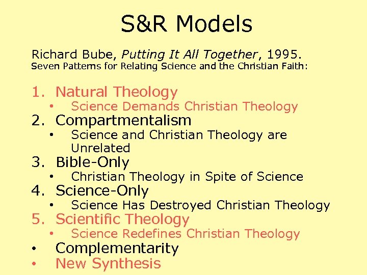 S&R Models Richard Bube, Putting It All Together, 1995. Seven Patterns for Relating Science