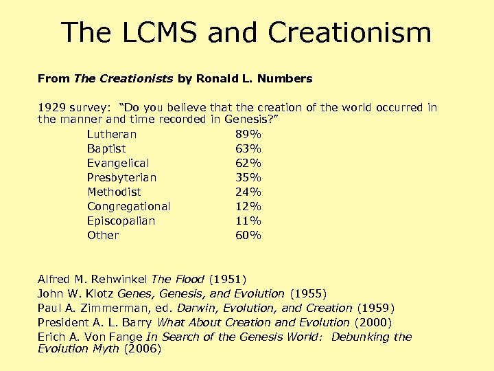 The LCMS and Creationism From The Creationists by Ronald L. Numbers 1929 survey: “Do