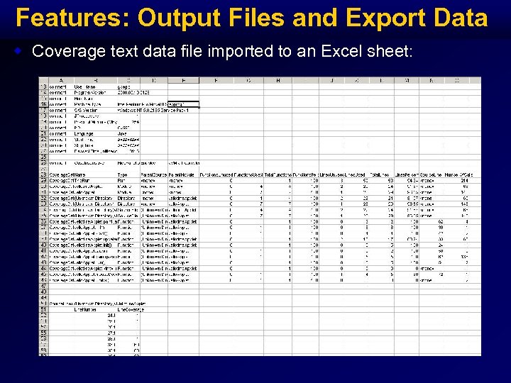 Features: Output Files and Export Data w Coverage text data file imported to an