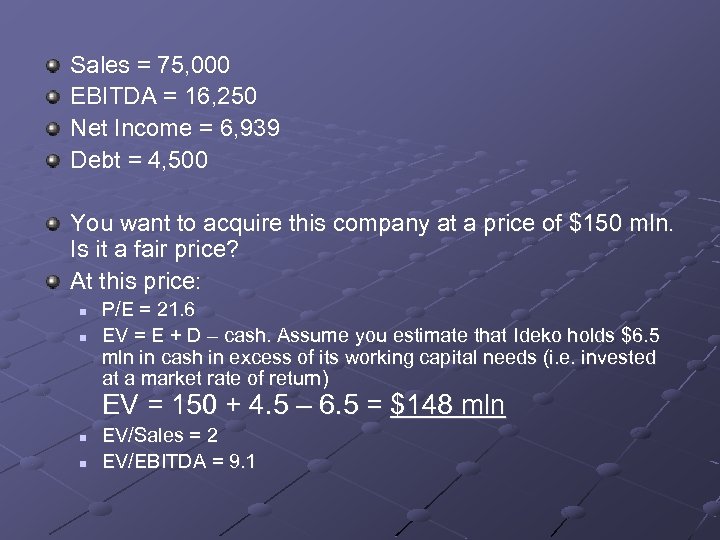 Sales = 75, 000 EBITDA = 16, 250 Net Income = 6, 939 Debt