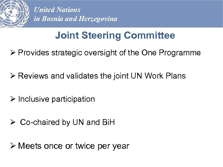United Nations in Bosnia and Herzegovina Joint Steering Committee Ø Provides strategic oversight of