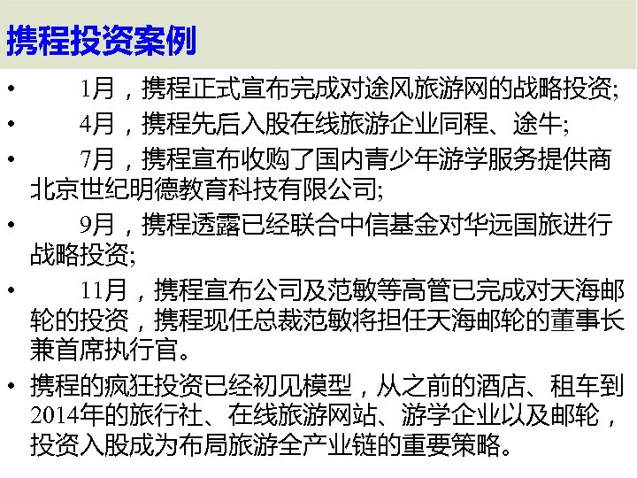 携程投资案例 • 　　1月，携程正式宣布完成对途风旅游网的战略投资; • 　　4月，携程先后入股在线旅游企业同程、途牛; • 　　7月，携程宣布收购了国内青少年游学服务提供商 北京世纪明德教育科技有限公司; • 　　9月，携程透露已经联合中信基金对华远国旅进行 战略投资; • 　　11月，携程宣布公司及范敏等高管已完成对天海邮 轮的投资，携程现任总裁范敏将担任天海邮轮的董事长