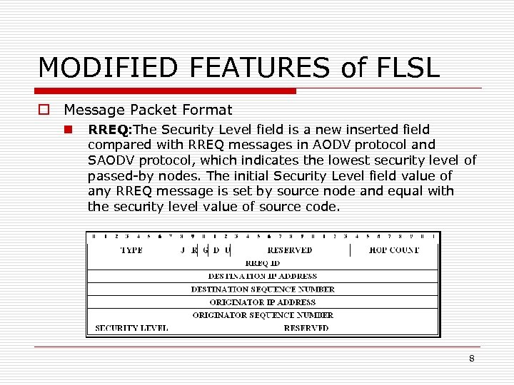 MODIFIED FEATURES of FLSL o Message Packet Format n RREQ: The Security Level field
