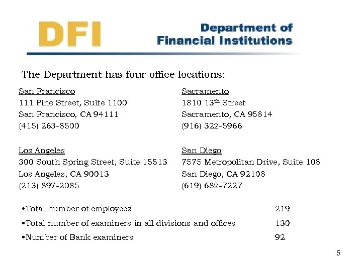 The Department has four office locations: San Francisco 111 Pine Street, Suite 1100 San