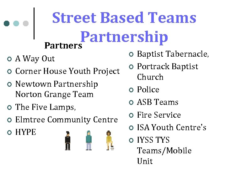 Street Based Teams Partnership Partners ¢ ¢ ¢ A Way Out Corner House Youth