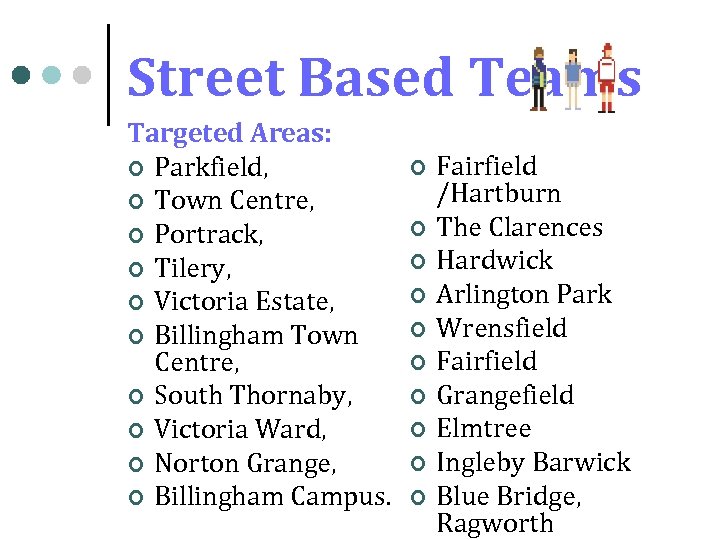 Street Based Teams Targeted Areas: ¢ Parkfield, ¢ Town Centre, ¢ Portrack, ¢ Tilery,