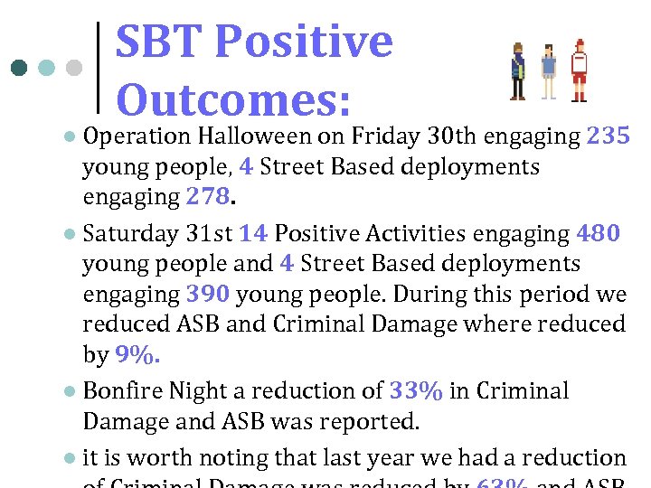 SBT Positive Outcomes: Operation Halloween on Friday 30 th engaging 235 young people, 4