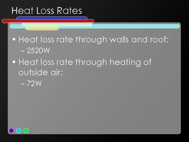 Heat Loss Rates • Heat loss rate through walls and roof: – 2520 W