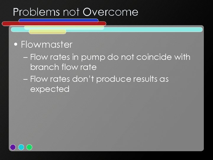 Problems not Overcome • Flowmaster – Flow rates in pump do not coincide with