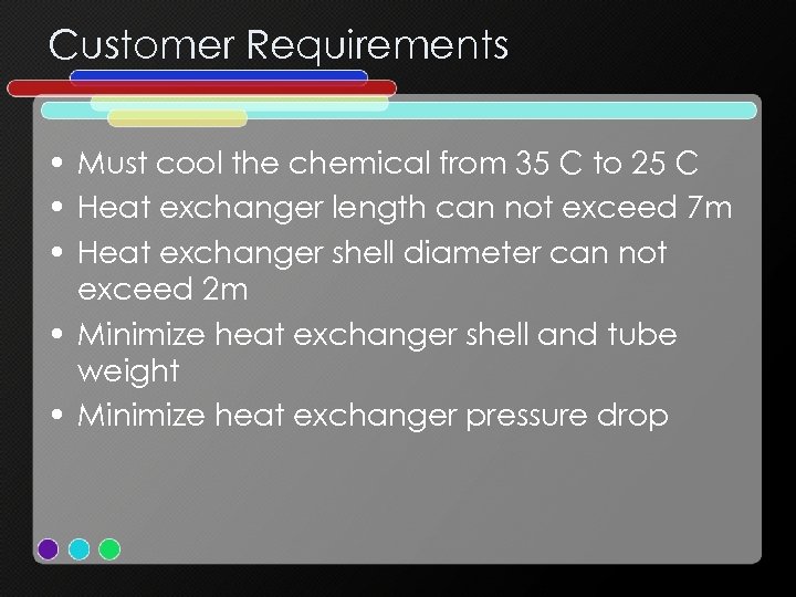 Customer Requirements • Must cool the chemical from 35 C to 25 C •