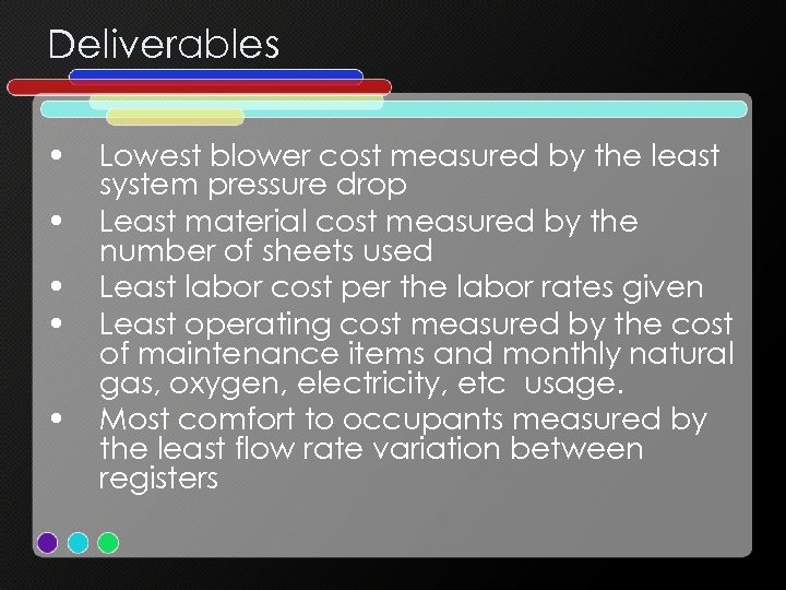 Deliverables • • • Lowest blower cost measured by the least system pressure drop
