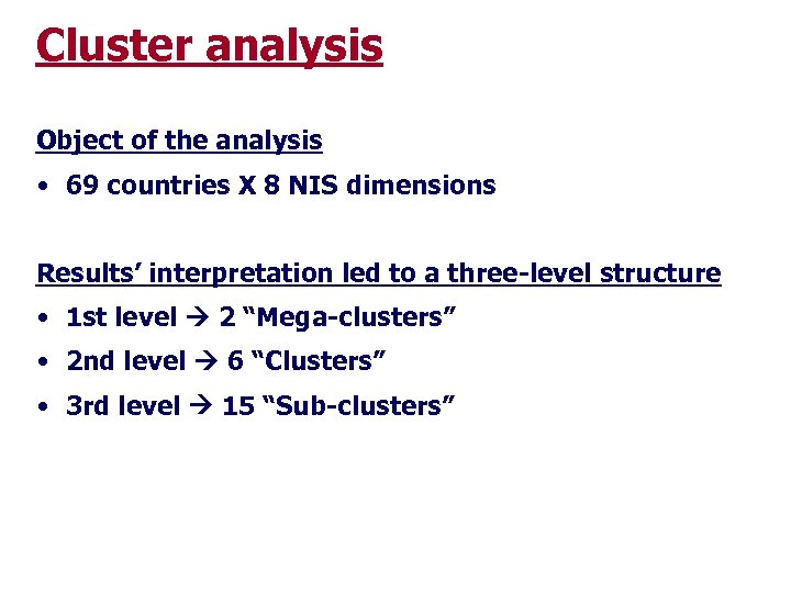Cluster analysis Object of the analysis • 69 countries X 8 NIS dimensions Results’