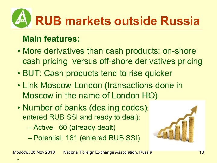 RUB markets outside Russia Main features: • More derivatives than cash products: on-shore cash