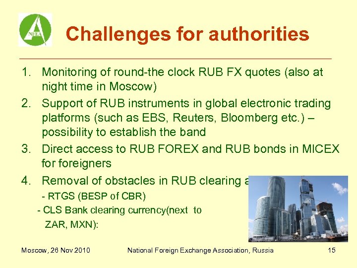 Challenges for authorities 1. Monitoring of round-the clock RUB FX quotes (also at night